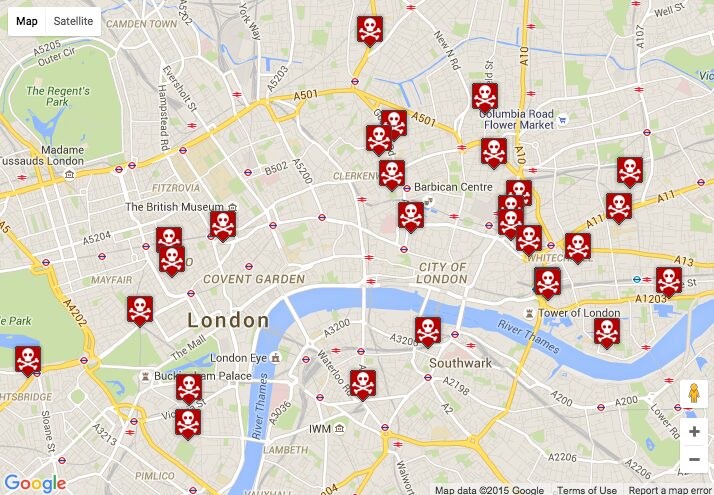 Map of the plague pits & mass graves from the Great Plague of 1665 in London, UK.