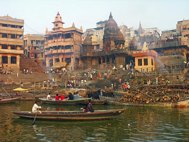 The Manikarnika Cremation Ghat on the Ganges river, Varanasi, Uttar Pradesh, India