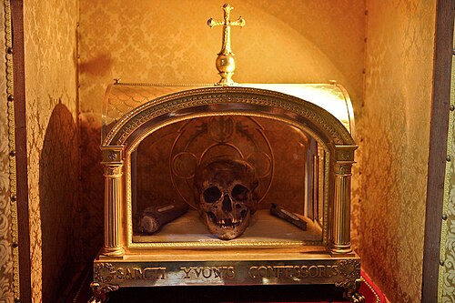 The reliquary and skull of Saint Ivo of Kermartin (St. Yves or St. Ives; 1253&ndash;1303), in Tr&eacute;guier, Brittany, France