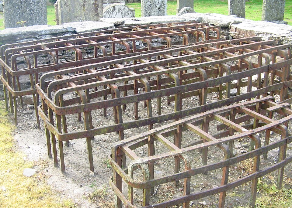 Mortsafes at a church yard in Logierait, Perthshire, Scotland